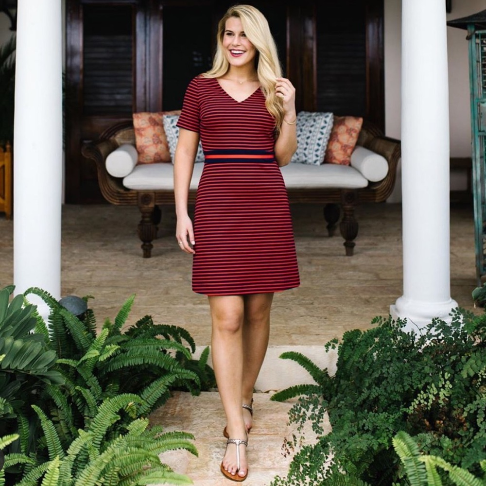 🆕 Draper James Red & Navy Blue Short-Sleeved Stripe Ponte Knit A-Line Dress